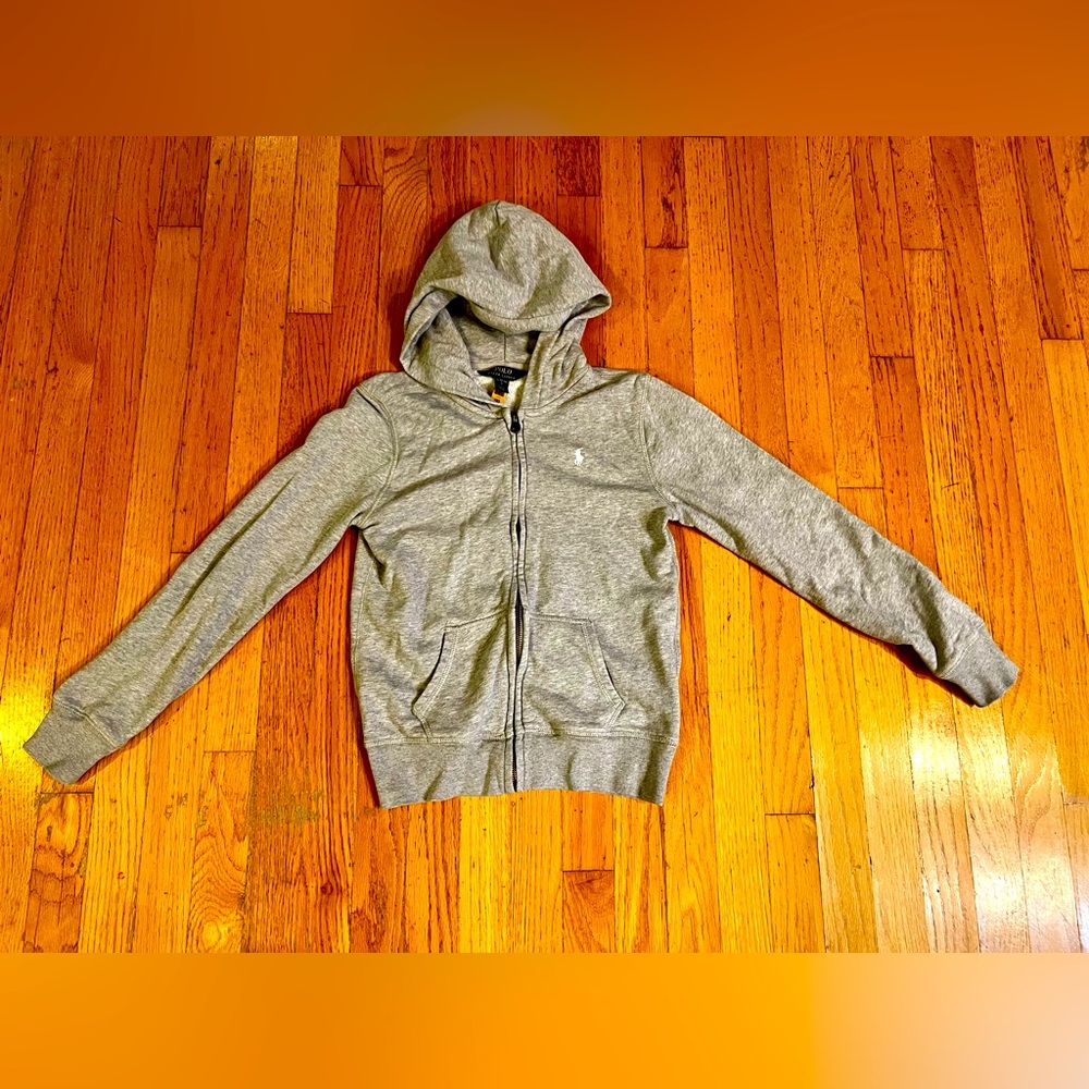 Polo by Ralph Lauren Gray Hoodie Youth 12/14 L White Pony Full Zip Sweater
